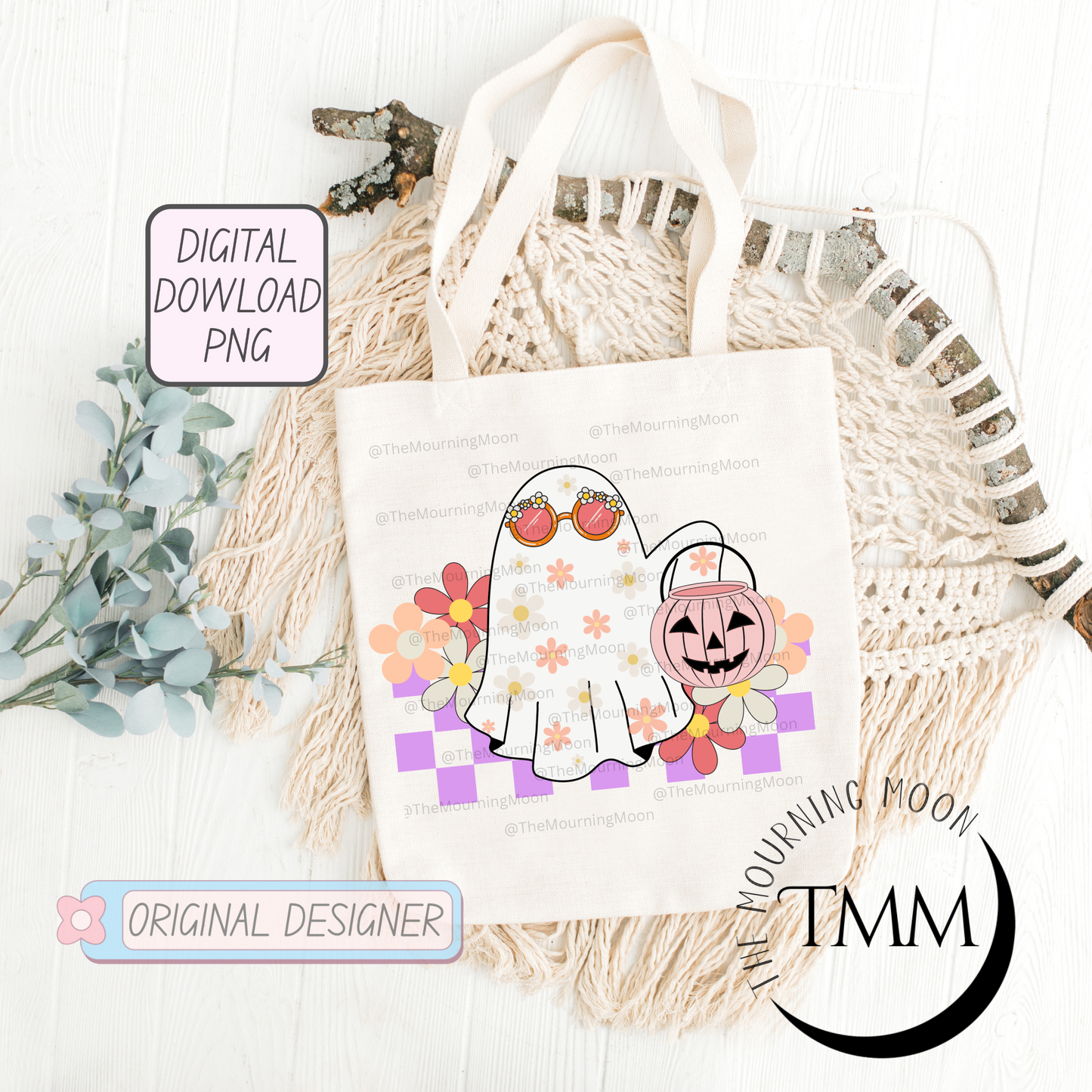 Retro floral halloween ghost png digital download