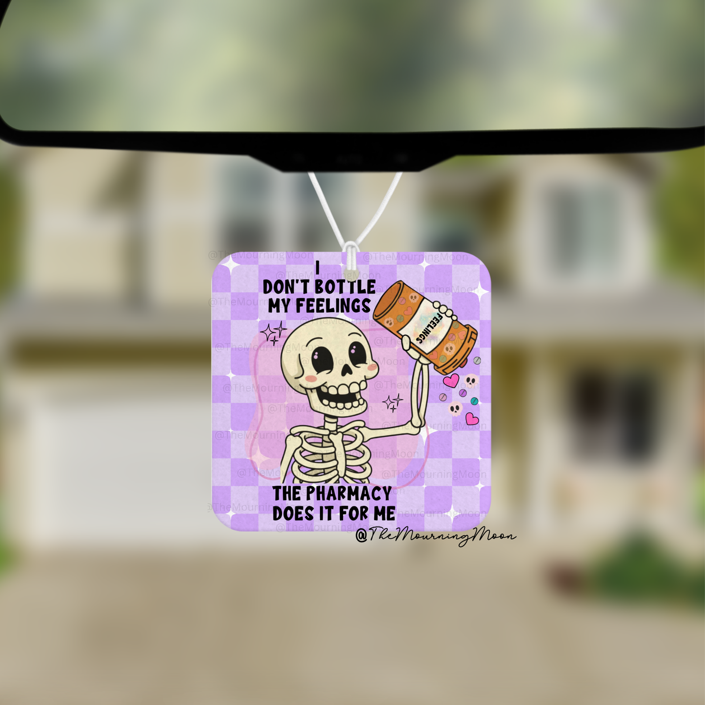 I don’t bottle my feelings, the pharmacy does air freshener - car freshie - scented - skeleton - spooky - pastel goth
