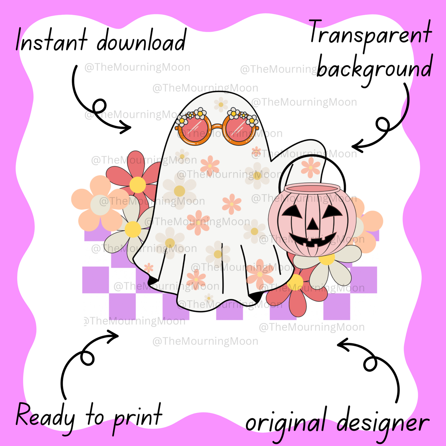 Retro floral halloween ghost png digital download