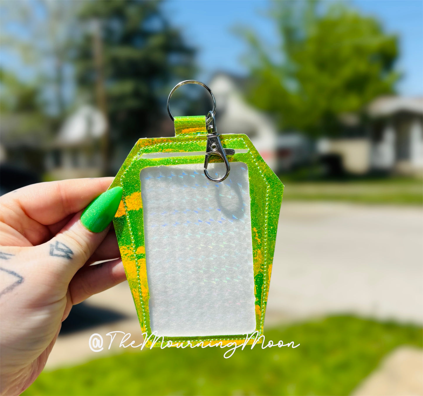 Green holo Coffin Clip Badge & Card Holder Keychain