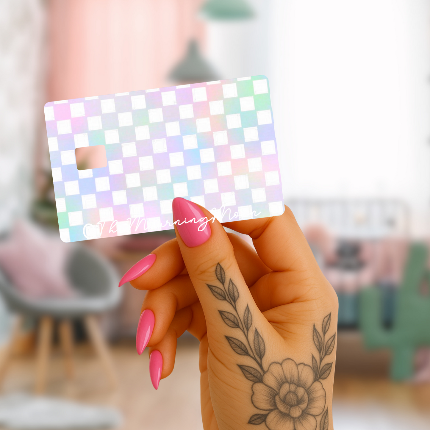 Pastel rainbow checkered credit card skin
