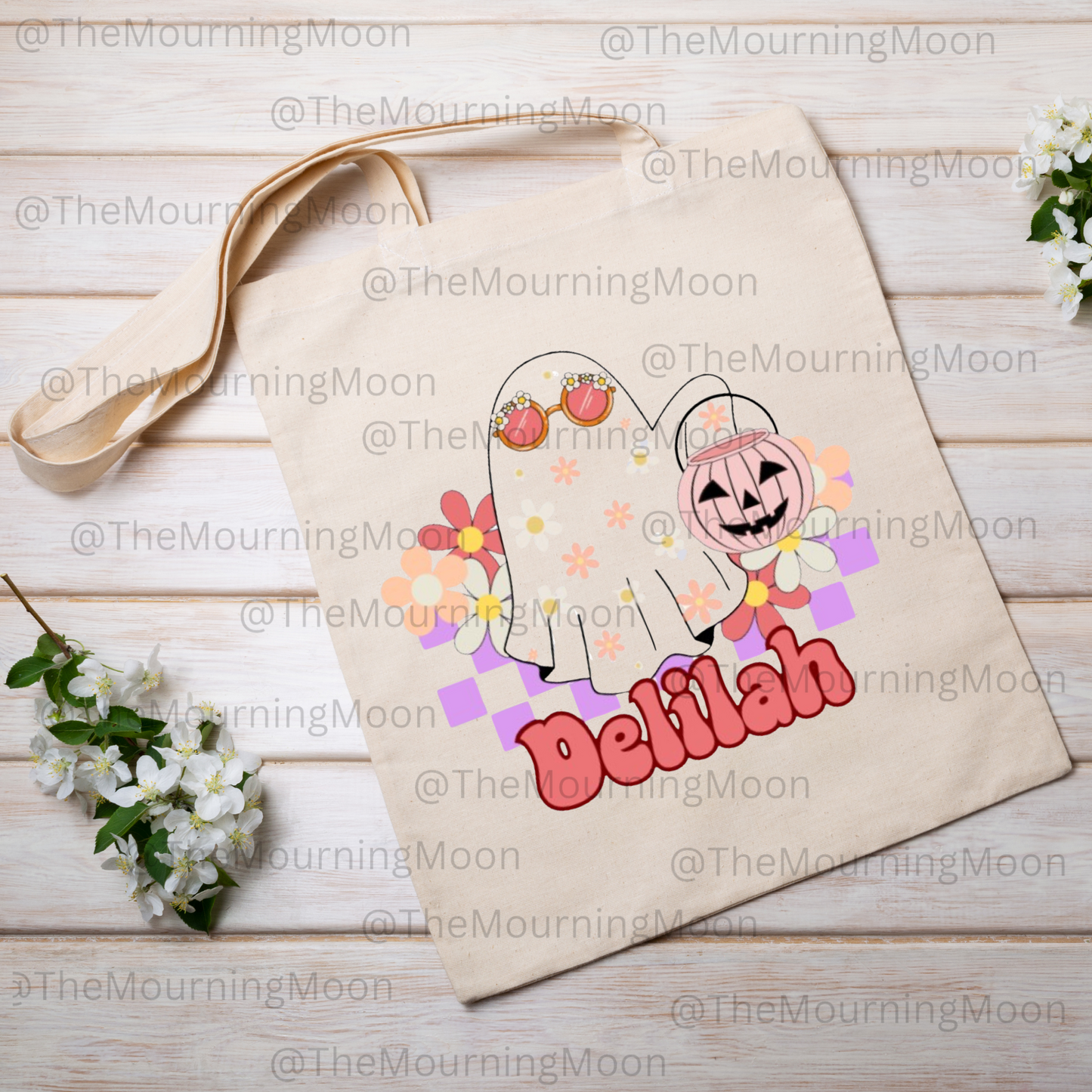 Retro floral ghost canvas tote bag