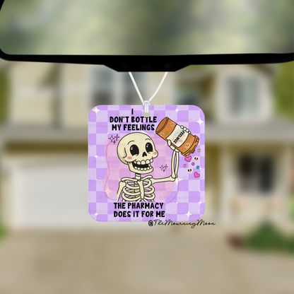 I don’t bottle my feelings, the pharmacy does air freshener - car freshie - scented - skeleton - spooky - pastel goth