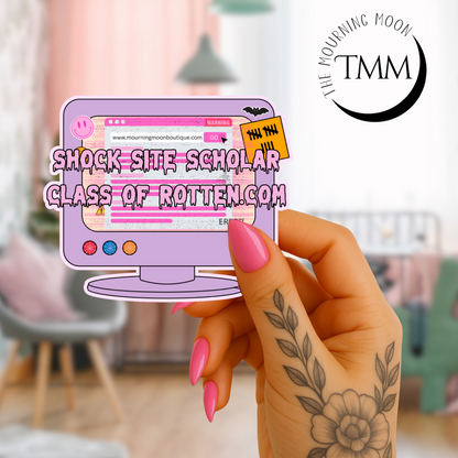 Shock Site Scholar Sticker – Internet Nostalgia Vinyl Sticker | Morbid Humor Pastel Goth Laptop Sticker