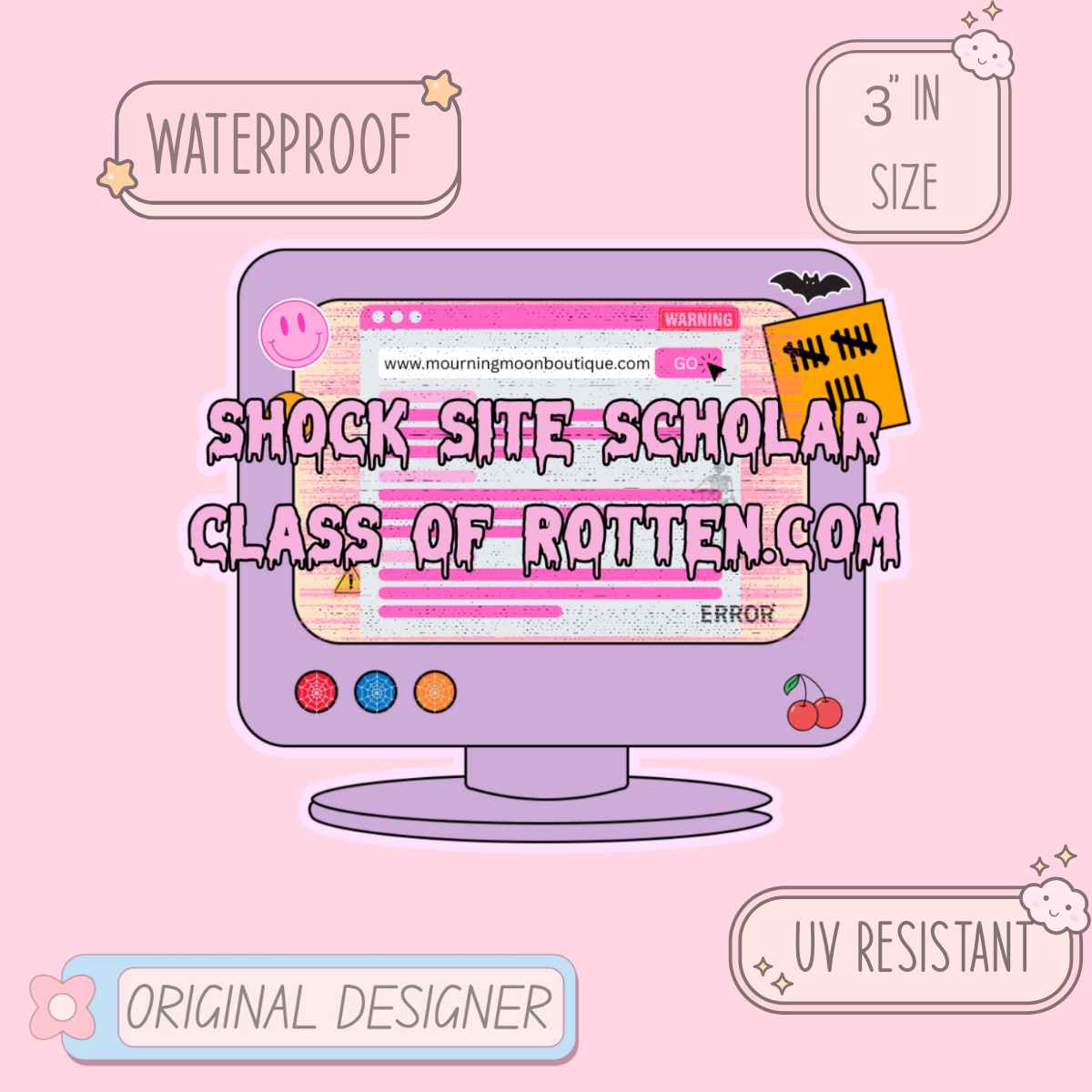 Shock Site Scholar Sticker – Internet Nostalgia Vinyl Sticker | Morbid Humor Pastel Goth Laptop Sticker