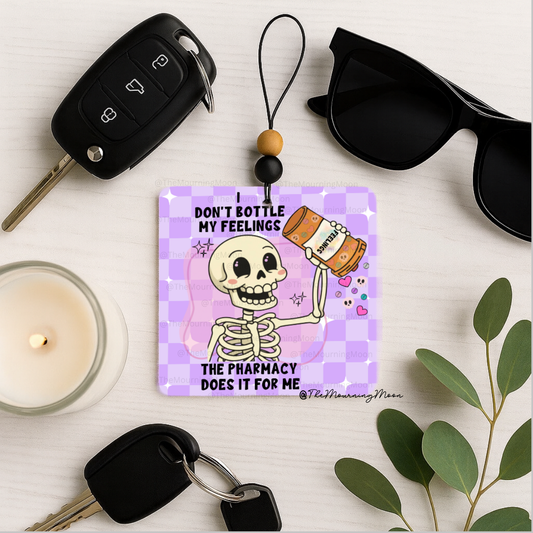 I don’t bottle my feelings, the pharmacy does air freshener - car freshie - scented - skeleton - spooky - pastel goth