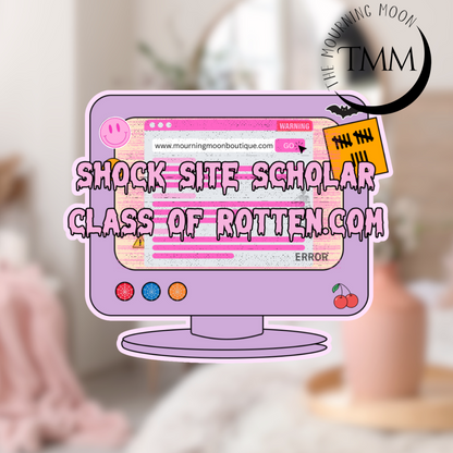 Shock Site Scholar Sticker – Internet Nostalgia Vinyl Sticker | Morbid Humor Pastel Goth Laptop Sticker
