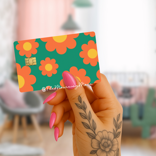 Orange and teal retro flower credit card skin out
