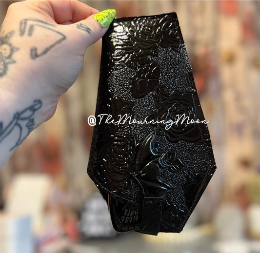 Black floral bat wing snap coffin shaped sunglasses case