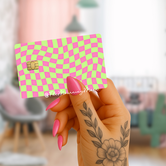 Pink and green checkered credit card skin