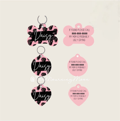 Pink and black coffin pet ID tag