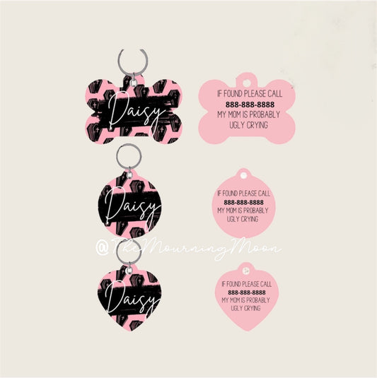 Pink and black coffin pet ID tag